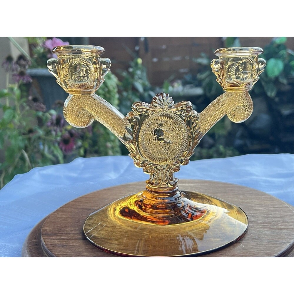 1969 Imperial Glass Heisey Zodiac 1590 Amberglo 2 Light Candlestick Candelabra